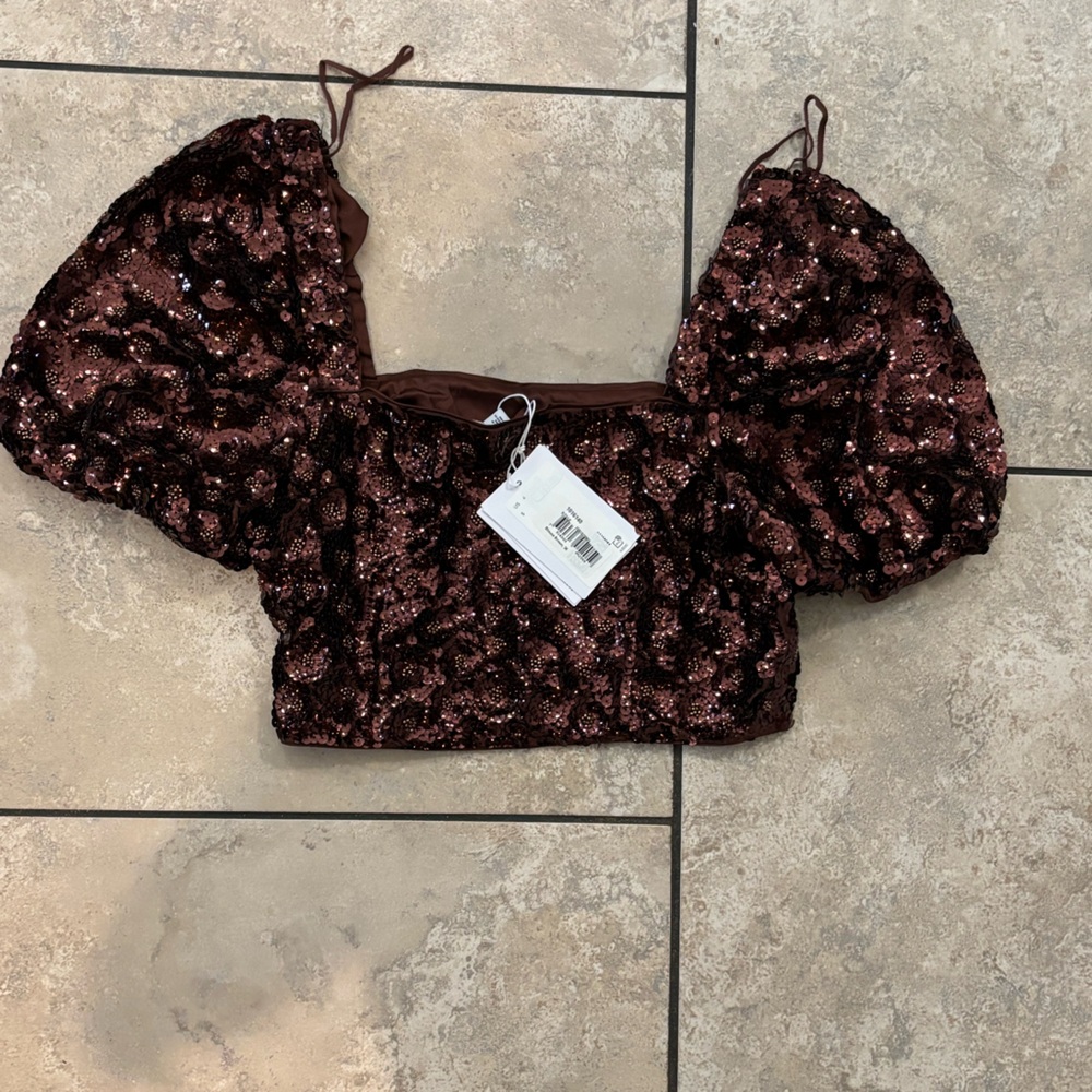 & Other Stories Brown Sequin Puff-Sleeve Crop Top